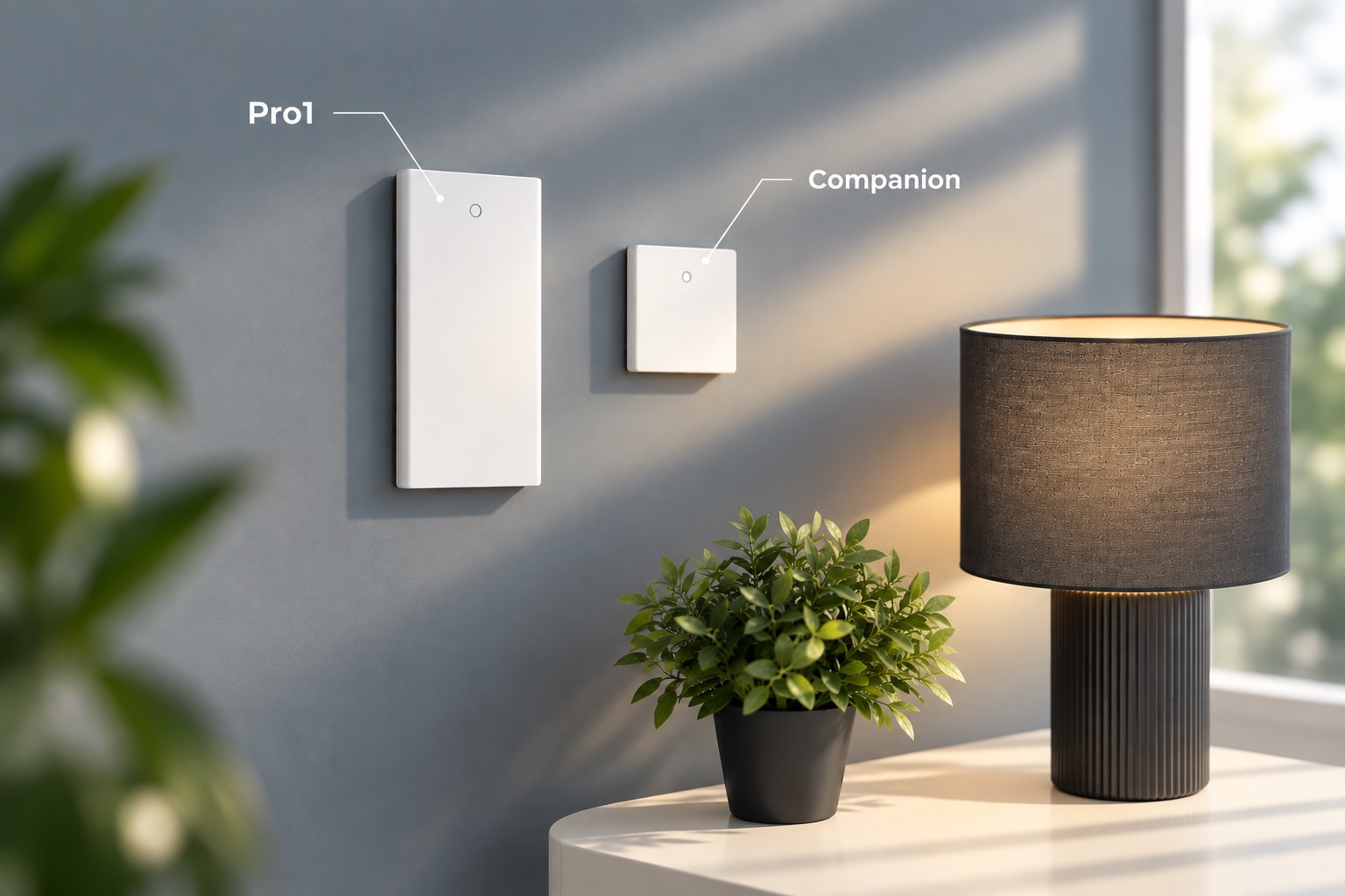 ZapIQ Pro1 and Companion sensors mounted in a bright living room