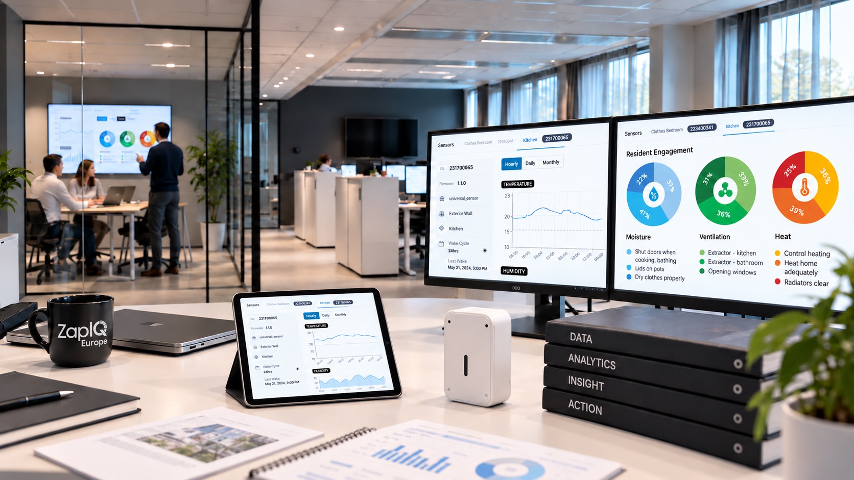 The ZapIQ Europe office: live monitoring dashboards on large screens, a tablet showing sensor data, a Companion sensor and folders labelled data, analytics, insight and action
