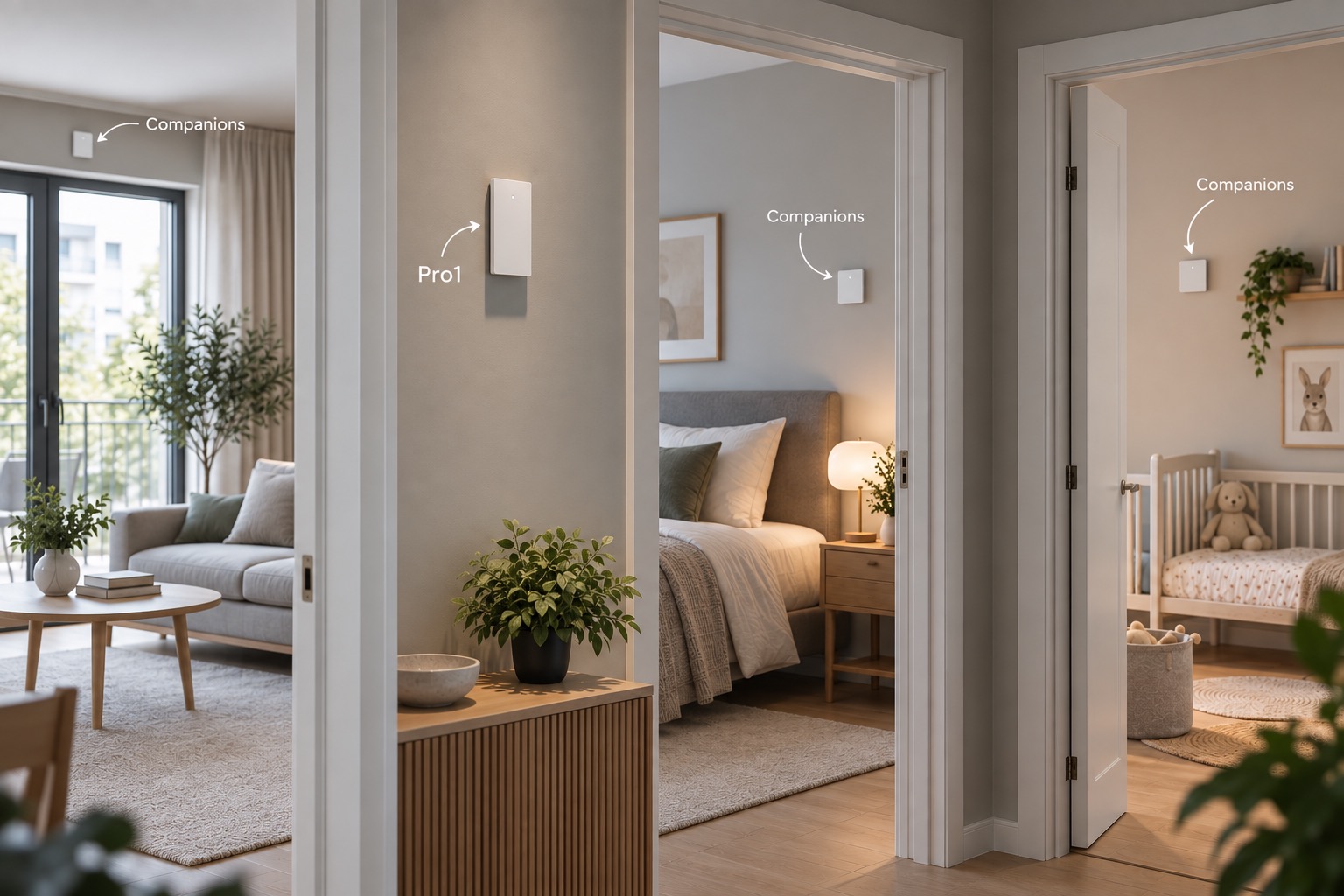 ZapIQ Pro1 and Companion sensors installed across multiple rooms in a home